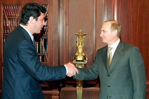 Boris Nemtsov, leader of the Union of Right Forces parliamentary party, with President Vladimir Putin, July 2000, Wikipedia. 